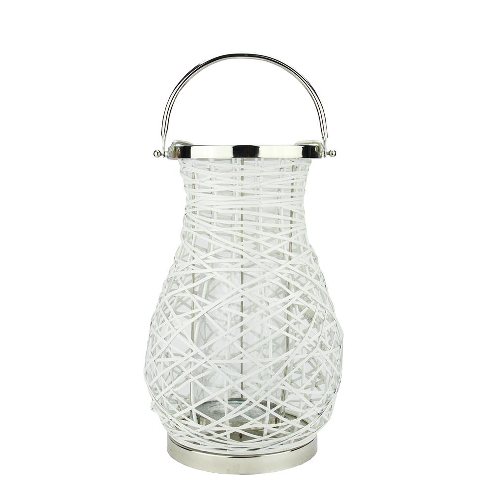 16.25" Modern White Decorative Woven Iron Pillar Candle Lantern with Glass Hurricane. Picture 1