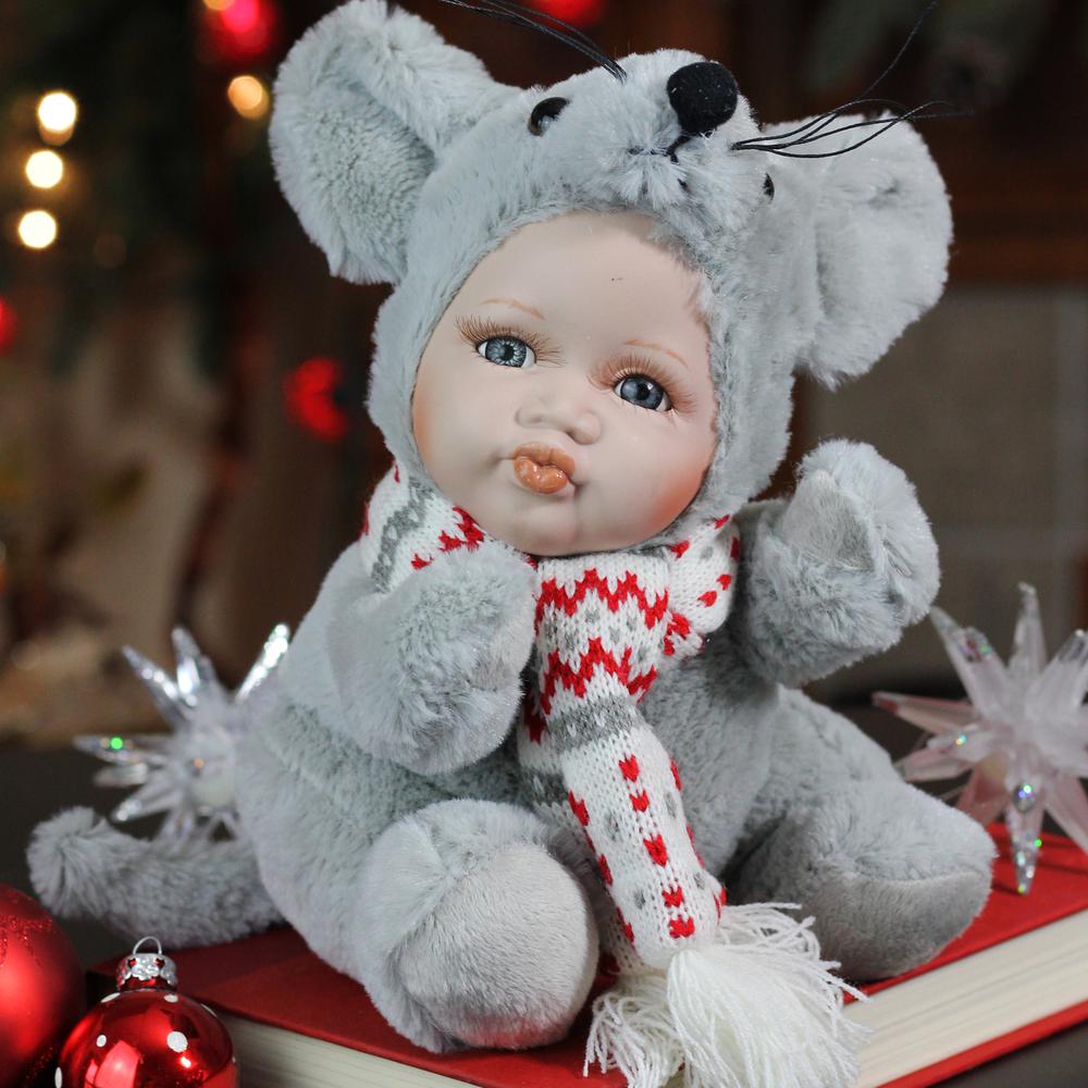 9" Gray and Red Pucker Up Baby in Mouse Costume Collectible Christmas Doll. Picture 2