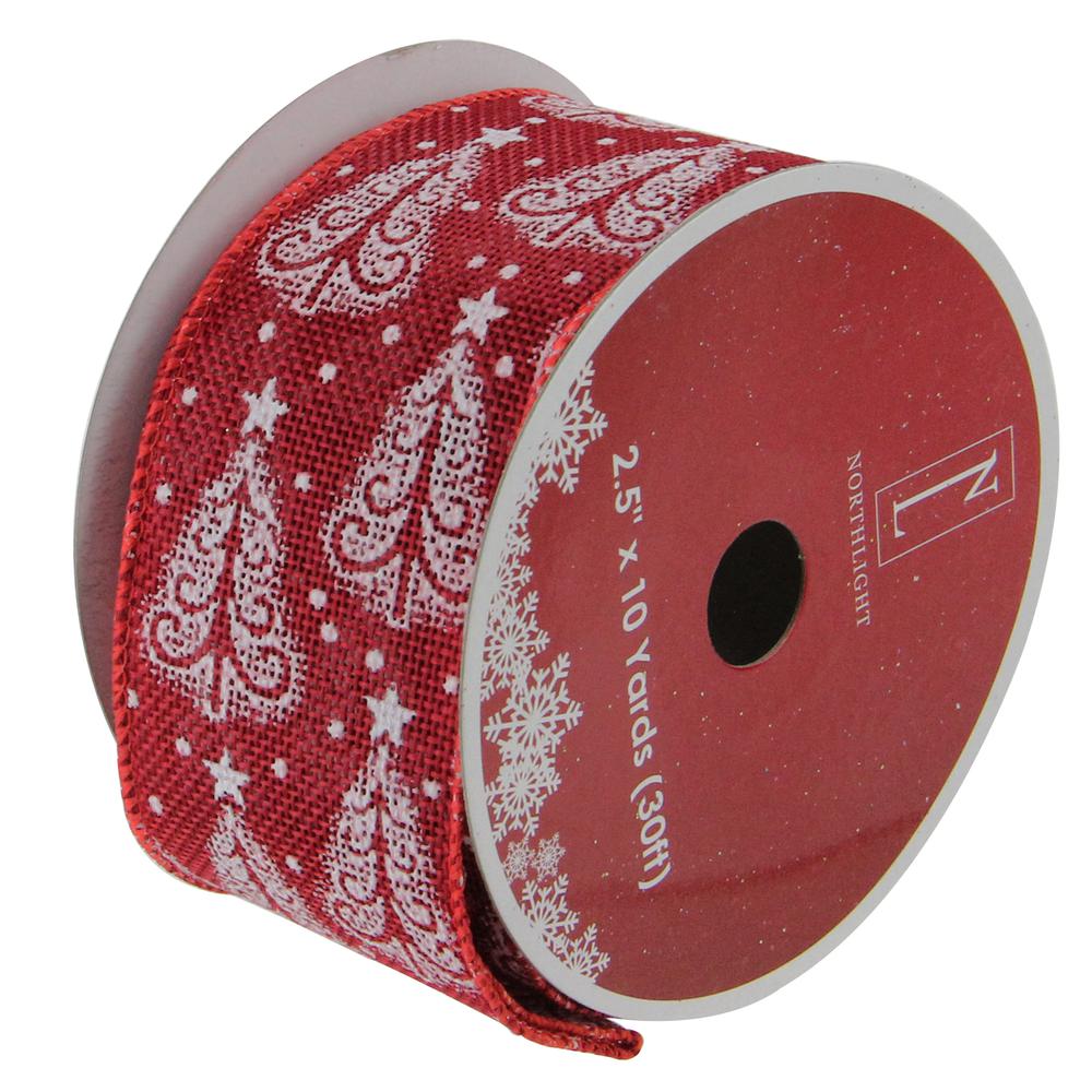 Cranberry Red and White Trees Wired Christmas Craft Ribbon 2.5 x 120 Yards. Picture 1