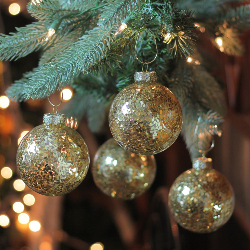 4ct Clear and Gold Shiny Seeds Glass Christmas Ball Ornaments 4" (101.5mm). Picture 2