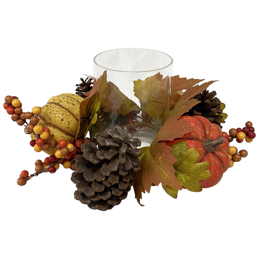 10" Pumpkin  Berry and Pine Cone Fall Harvest Tealight Candle Holder. Picture 4