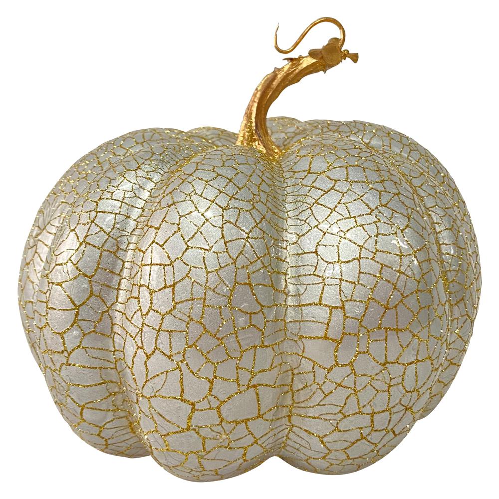 9" Champagne Gold Crackled Fall Harvest Pumpkin Decoration. Picture 1