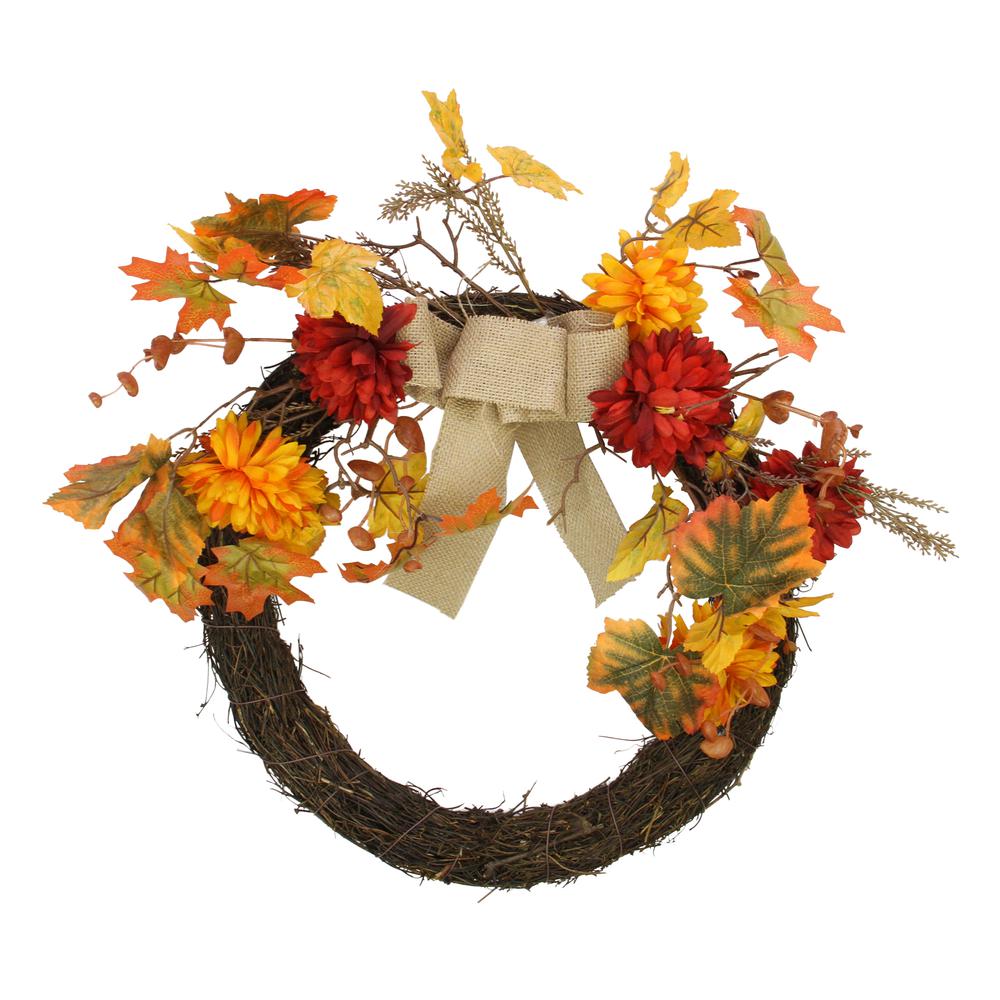 Fall Leaf with Mum Flower Artificial Thanksgiving Twig Wreath  Orange 20-Inch. Picture 1