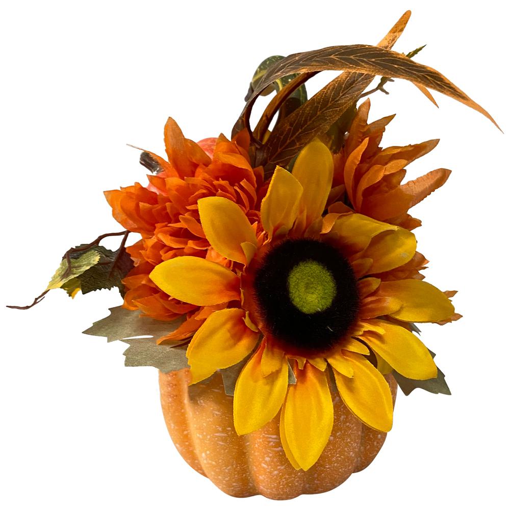 14.75" Yellow Sunflower and Mum Filled Pumpkin Thanksgiving Decor. Picture 1