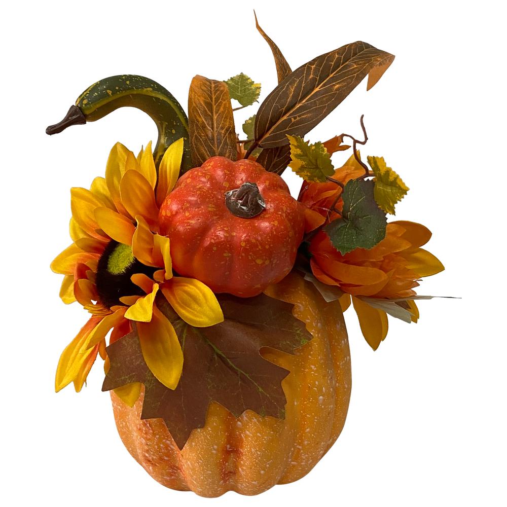 14.75" Yellow Sunflower and Mum Filled Pumpkin Thanksgiving Decor. Picture 3
