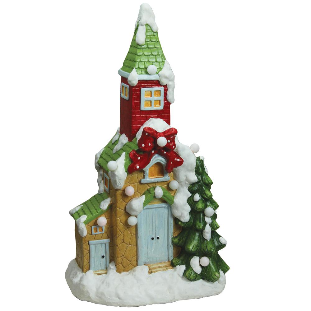 21.25" Green and White Pre-Lit LED Snow Covered Church Christmas Tabletop Figurine. Picture 1