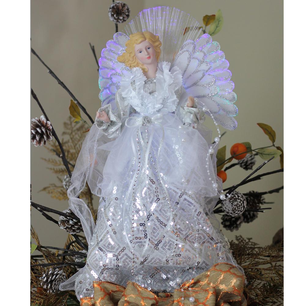 16" White and Silver Lighted Angel Sequined Gown Christmas Tree Topper. Picture 3