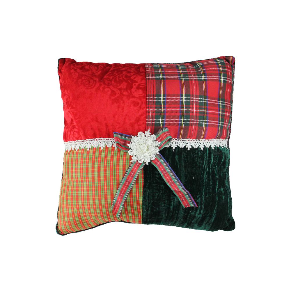 15.5" Red and Green Plaid Square Christmas Throw Pillow. Picture 1