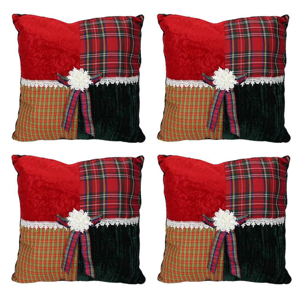 Set of 4 Square Textured Tartan Plaid Velvet Christmas Throw Pillows 15.5". Picture 1