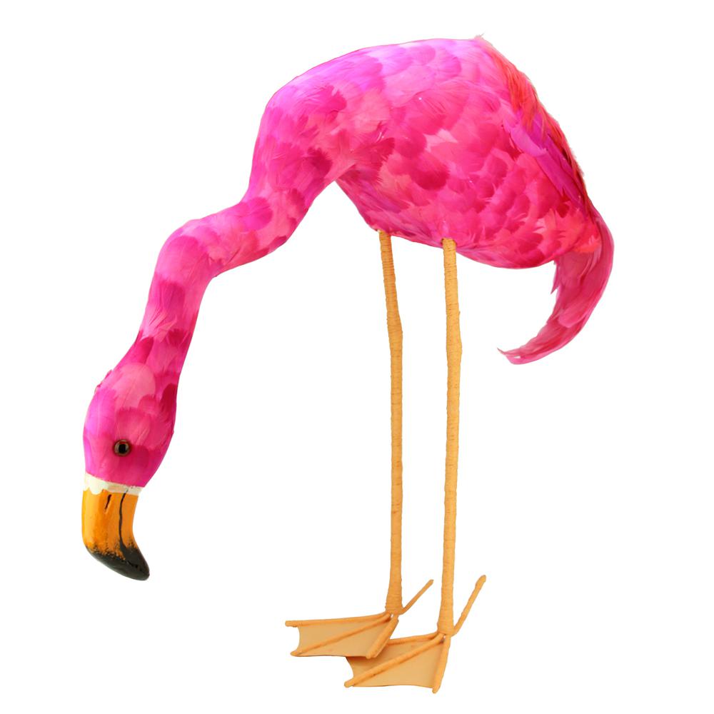 27.5" Standing Hot Pink Feathered Flamingo with Head Down Decoration. The main picture.