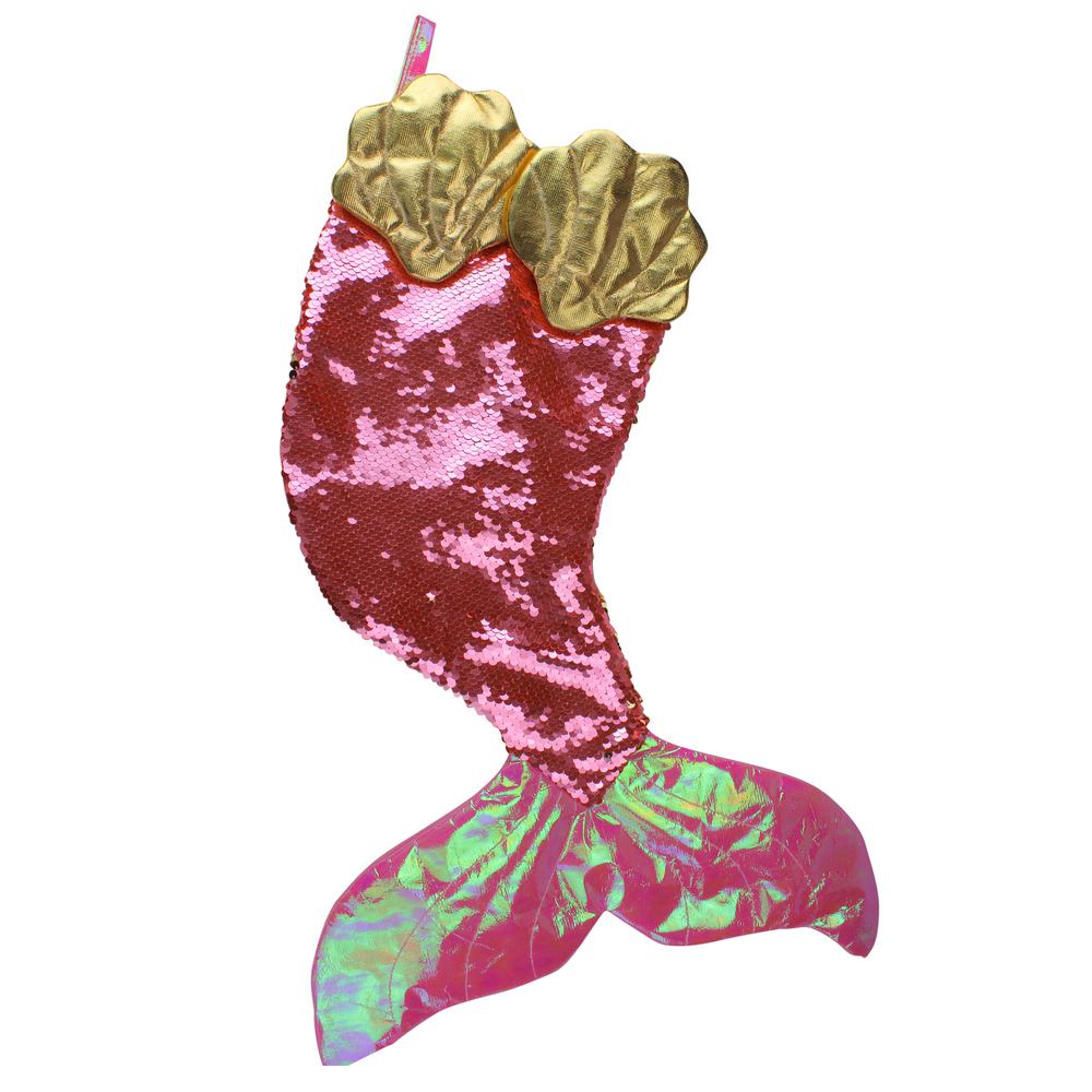 24" Pink and Gold Sequined Iridescent Mermaid Christmas Stocking. Picture 1