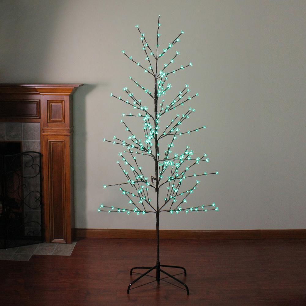 6' Pre-Lit Enchanted Garden Cherry Blossom Flower Artificial Spring Tree - Green LED Lights. Picture 2