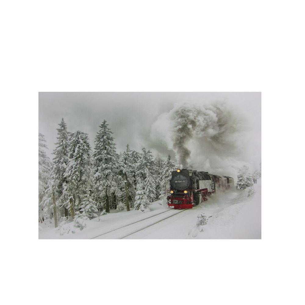 Small Fiber Optic and LED Lighted Winter Woods with Train Canvas Wall Art 12" x 15.75". Picture 1