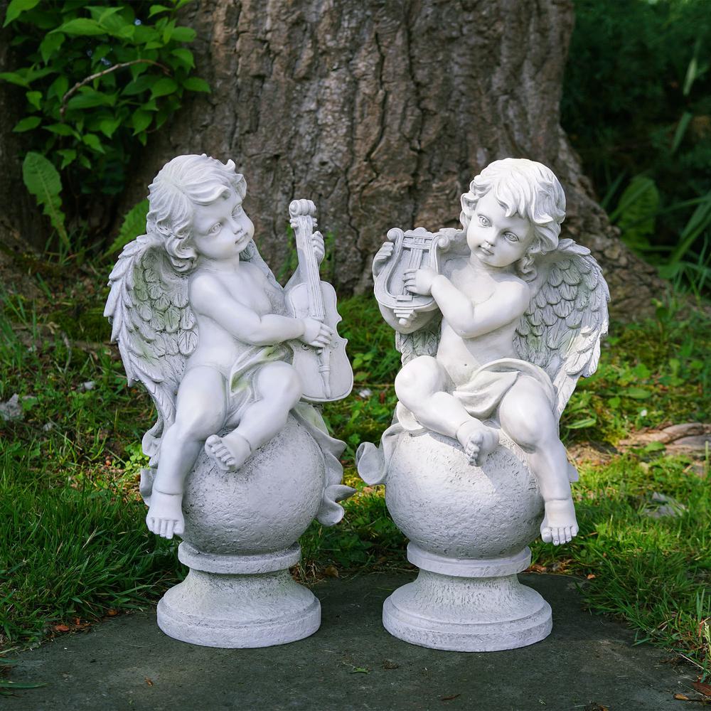 14.75" White Set of 2 Cherub Angels with Instruments Sitting on Finials Outdoor Garden Statues. Picture 2