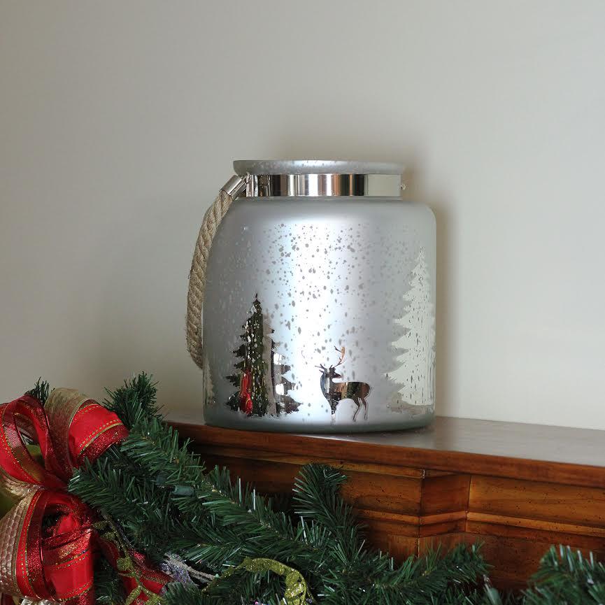9.5" Gray and Silver Tree Silhouette Mercury Glass Christmas Pillar Candle Holder. Picture 5