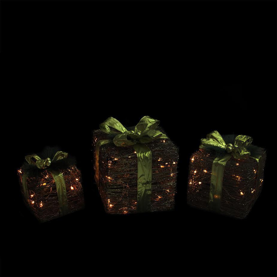 Set of 3 Brown and Green Lighted Glitter Gift Boxes Christmas Decoration 12". Picture 3