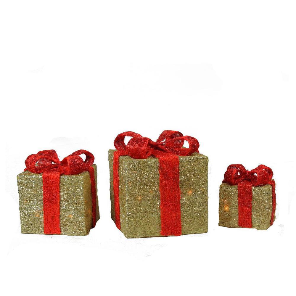 Set of 3 Gold and Red Lighted Gift Boxes Outdoor Christmas Decorations 10". Picture 1