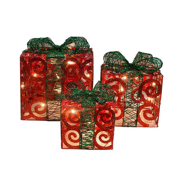 Set of 3 Lighted Sparkling Red Swirl Glitter Gift Boxes Outdoor Christmas Decorations. Picture 2