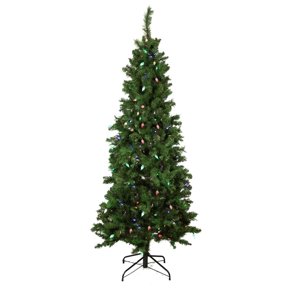 7' Pre-Lit Slim Mixed Long Needle Pine Artificial Christmas Tree - Multicolor LED Lights. Picture 2