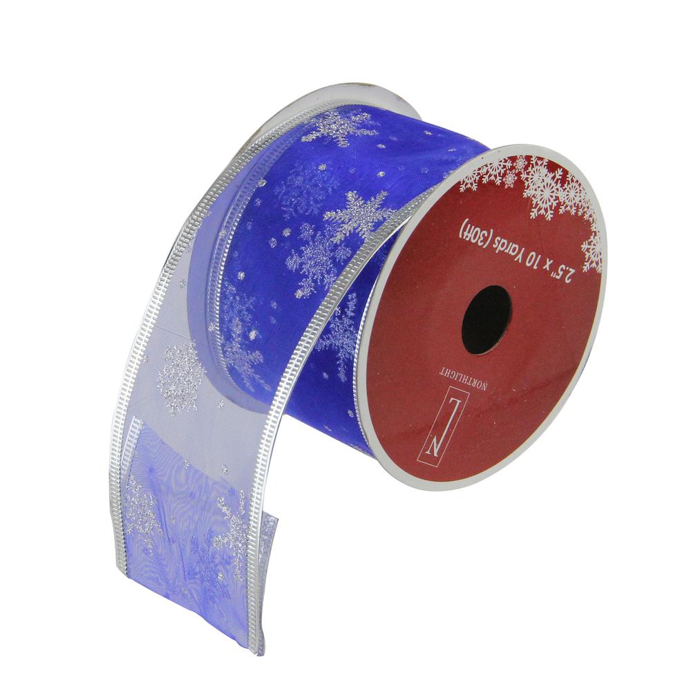 Club Pack of 12 Blue and Silver Glitter Snowflakes Wired Craft Ribbons 2.5" x 120 Yards. Picture 1