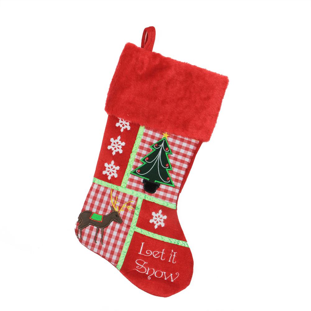 18.5" Red Cheers Holiday Patches Let It Snow Christmas Stocking. Picture 1