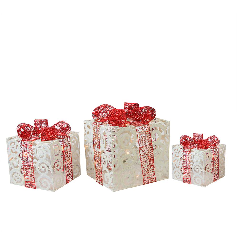 Set of 3 Lighted White Swirl Glitter Gift Boxes Christmas Outdoor Decorations 10". Picture 1