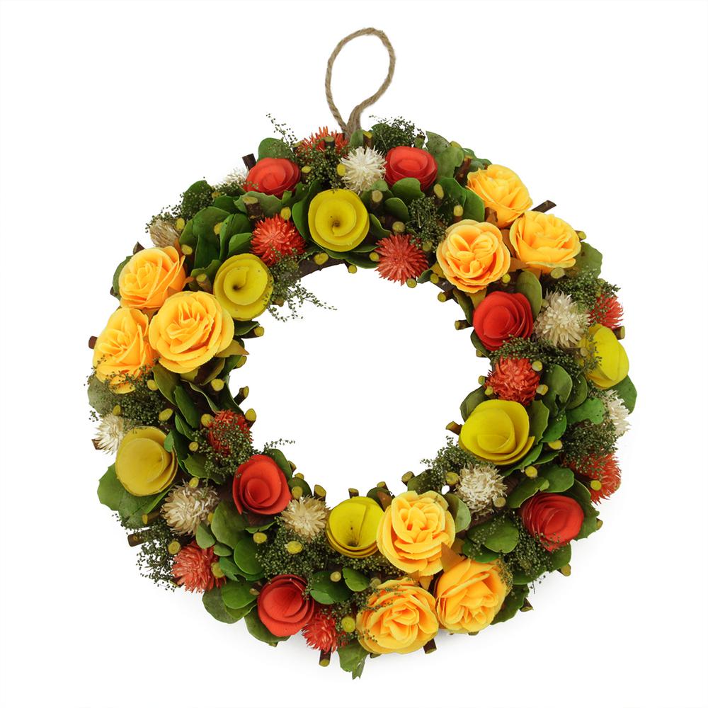 Orange and Yellow Flowers with Moss and Twig Artificial Floral Spring Wreath  12-Inch. Picture 1