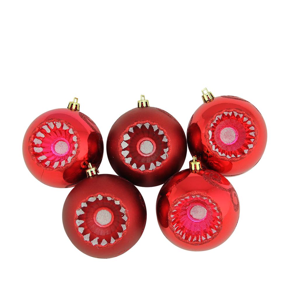 5ct Red Retro Reflector Shatterproof 2-Finish Christmas Ball Ornaments 3.25" (80mm). Picture 1