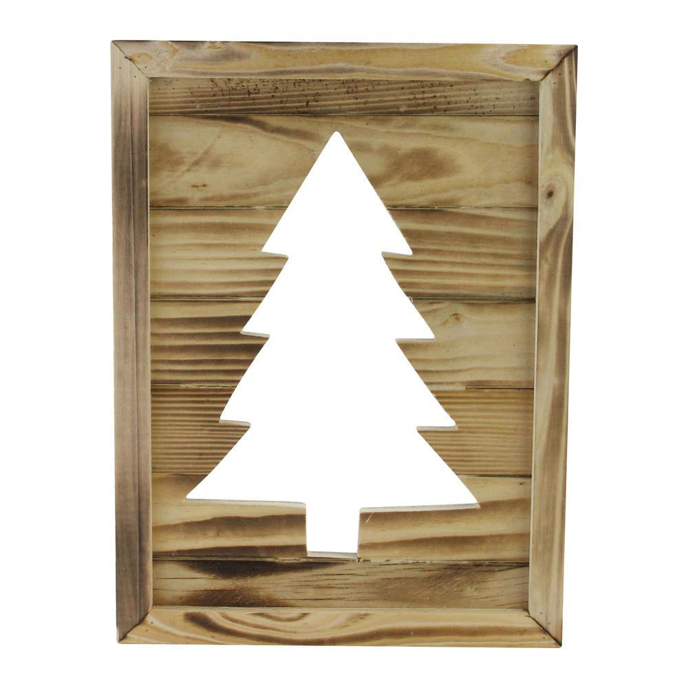 13.75" Framed Wood Christmas Tree-Out Wall Hanging Decoration. Picture 1