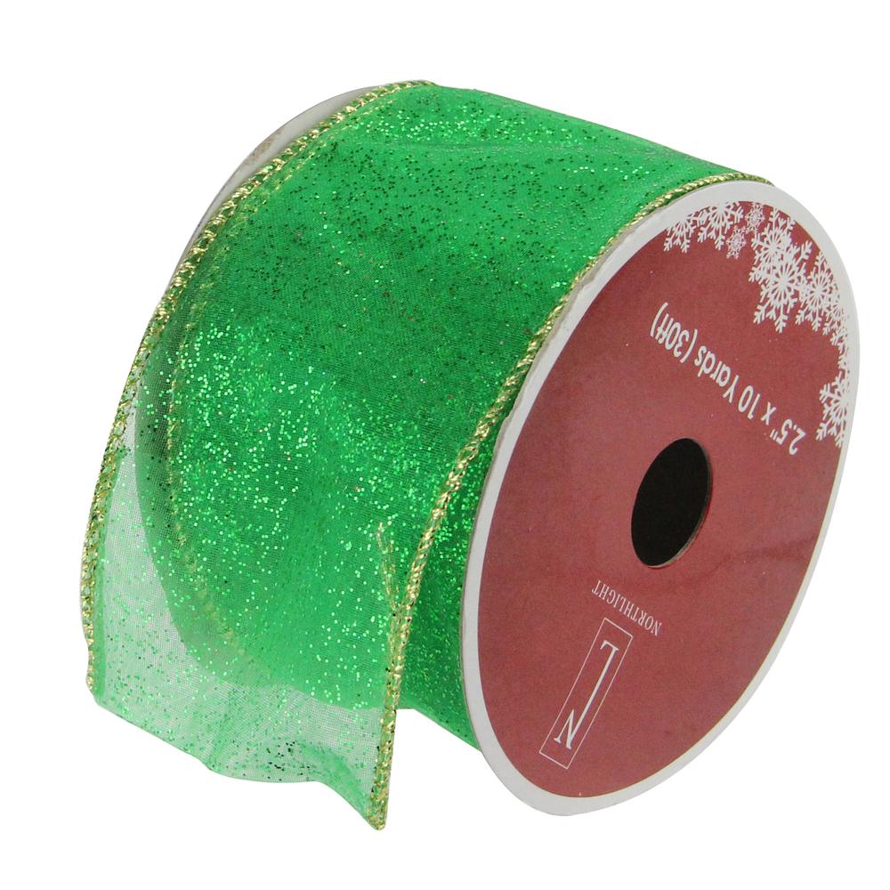 Club Pack of 12 Green and Gold Shimmering Wired Christmas Craft Ribbon 2.5" x 120 Yards. Picture 1