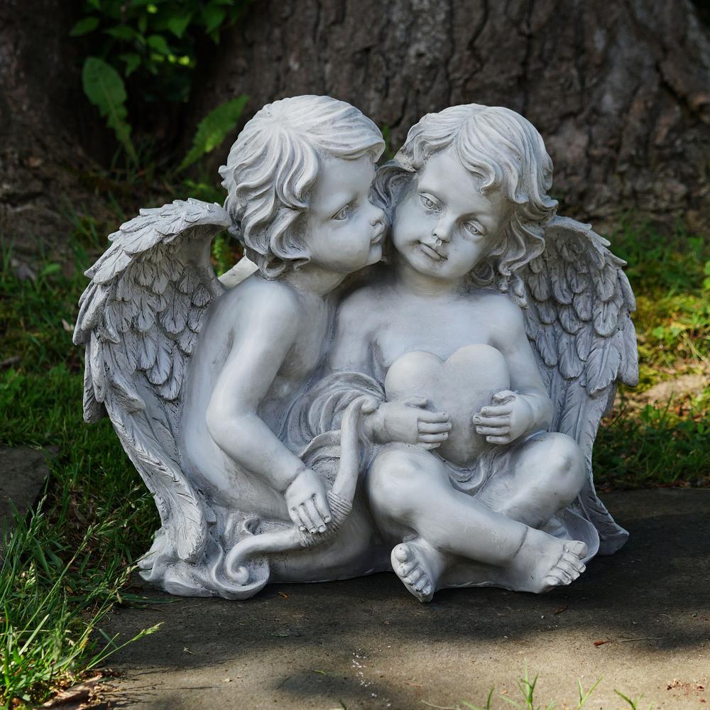 16.25" Gray Sitting Cherub Angels Outdoor Garden Statue. Picture 2