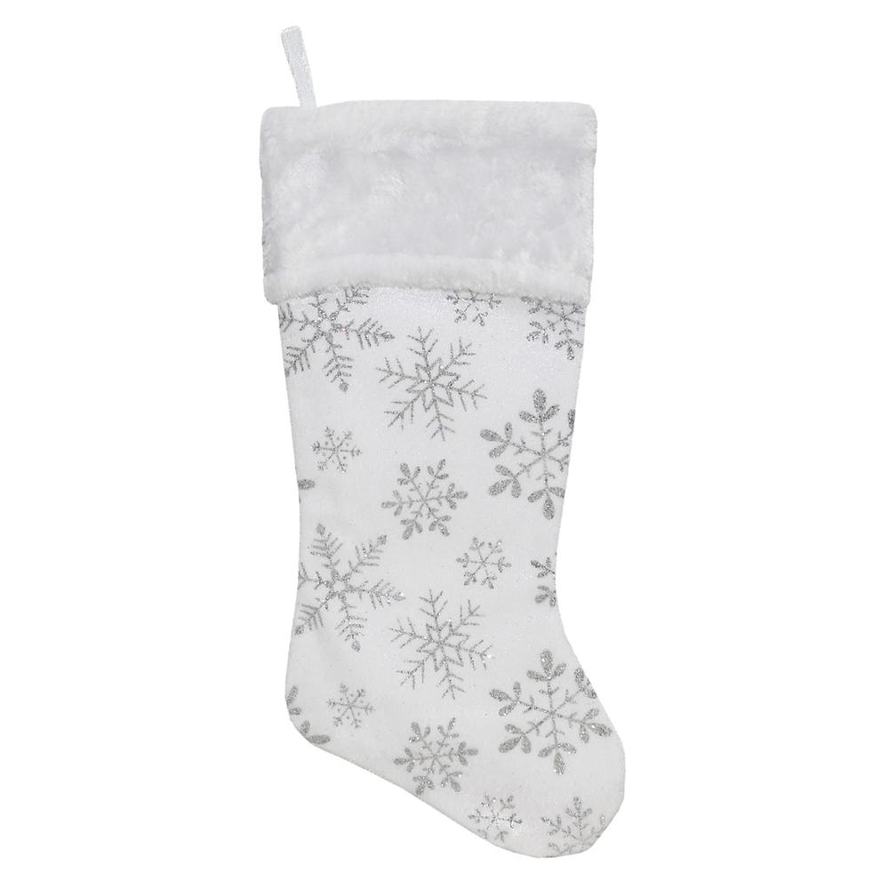 20" White and Silver Snowflakes Christmas Stocking. Picture 1