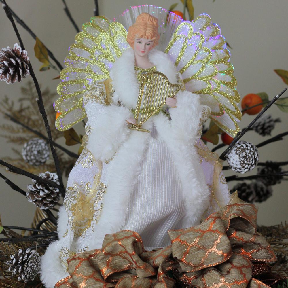 12" Lighted Fiber Optic Angel in Gold and Cream Gown with Harp Christmas Tree Topper. Picture 3