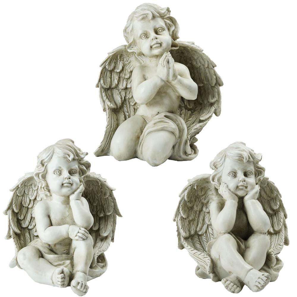 Set of 3 Gray Sitting Cherub Angel Outdoor Garden Statues 11". Picture 1