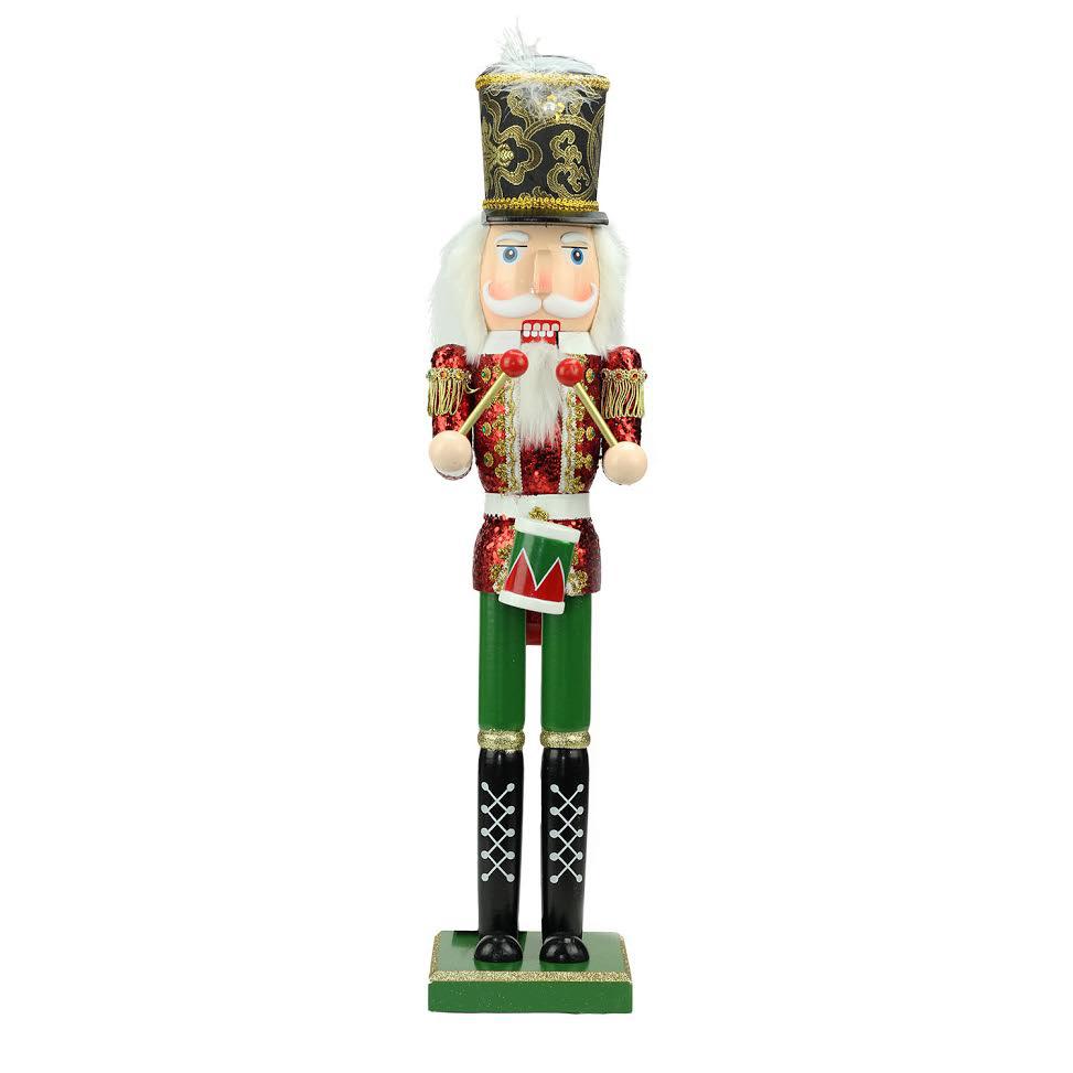 24" Red and Green Glitter Christmas Nutcracker Drummer. The main picture.