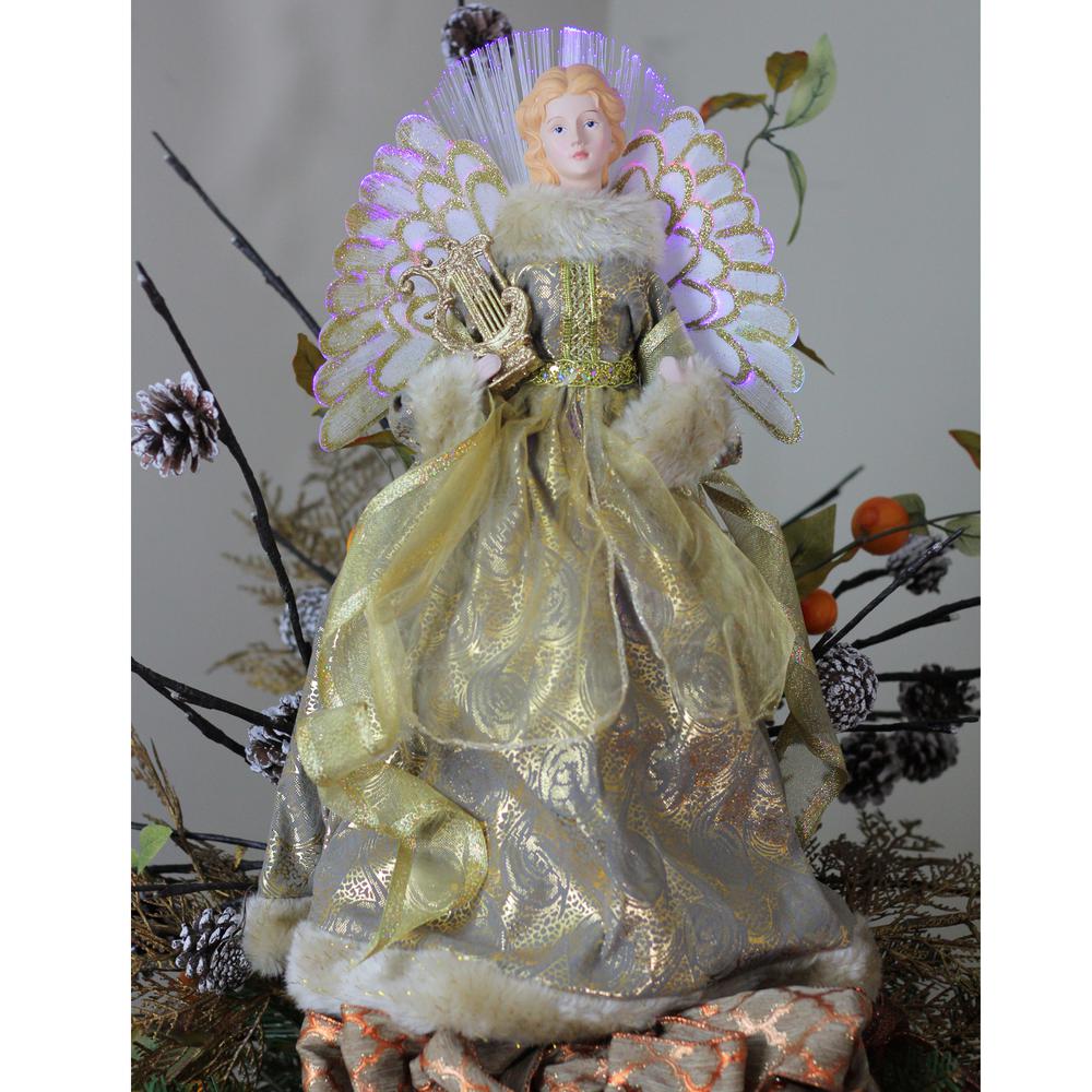 16" Gold and Brown Lighted Angel in Gown with Harp Christmas Tree Topper. Picture 3