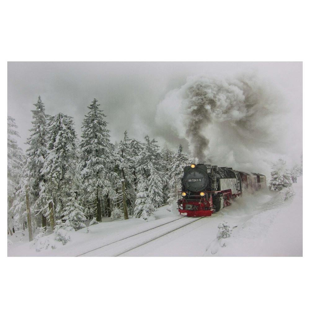 Large Fiber Optic and LED Lighted Winter Woods with Train Canvas Wall Art 23.5" x 15.5". Picture 1