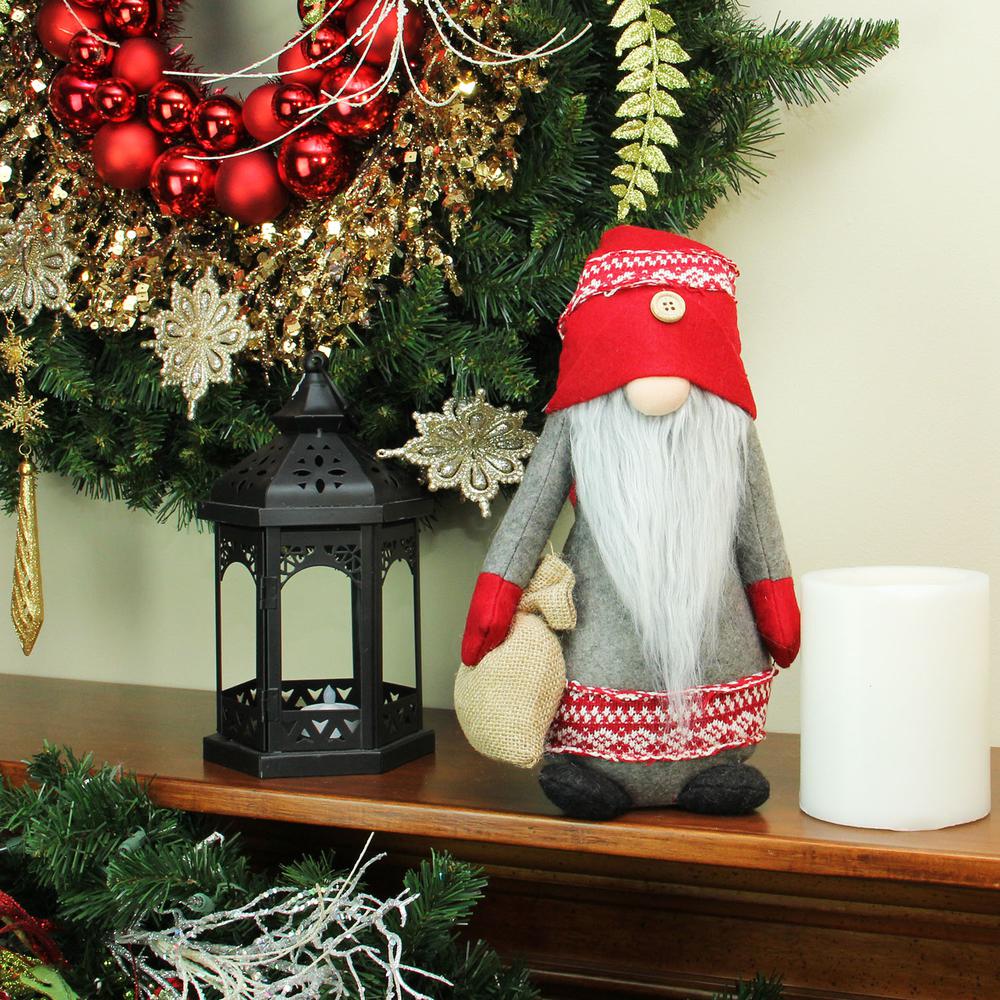 25" Red and Gray Nordic Gnome with Burlap Sack Christmas Figure. Picture 3