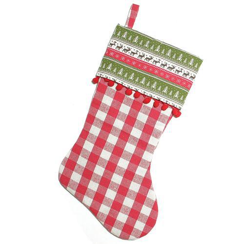 19" Red and Green Rustic Plaid Christmas Stocking with Red Pom-Poms and Lodge Cuff. Picture 1