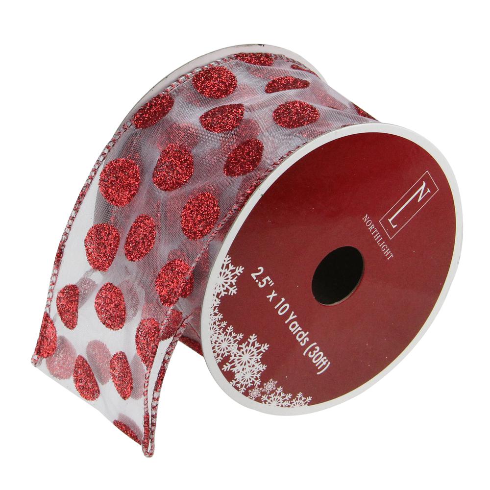 Pack of 12 Silver and Red Glittering Polka Dots Christmas Wired Craft Ribbons - 2.5" x 120 Yards. Picture 1