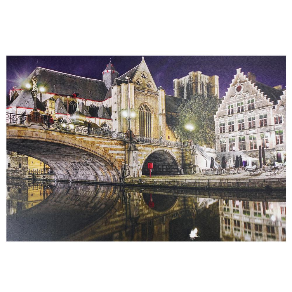 LED Lighted Famous St. Michael's Bridge and Church in Ghent  Belgium Canvas Wall Art 15.75" x 23.5". Picture 1