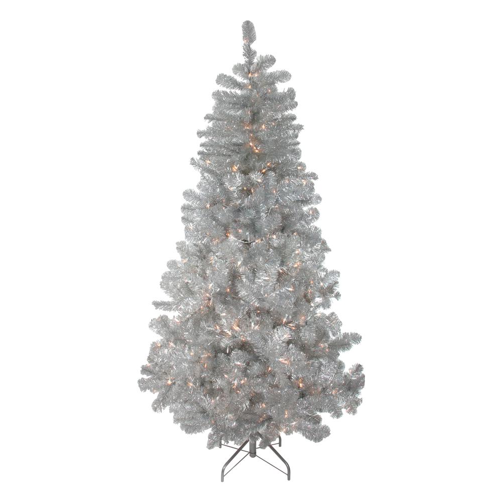 4.5' Pre-Lit Silver Metallic Tinsel Artificial Christmas Tree - Clear Lights. Picture 1