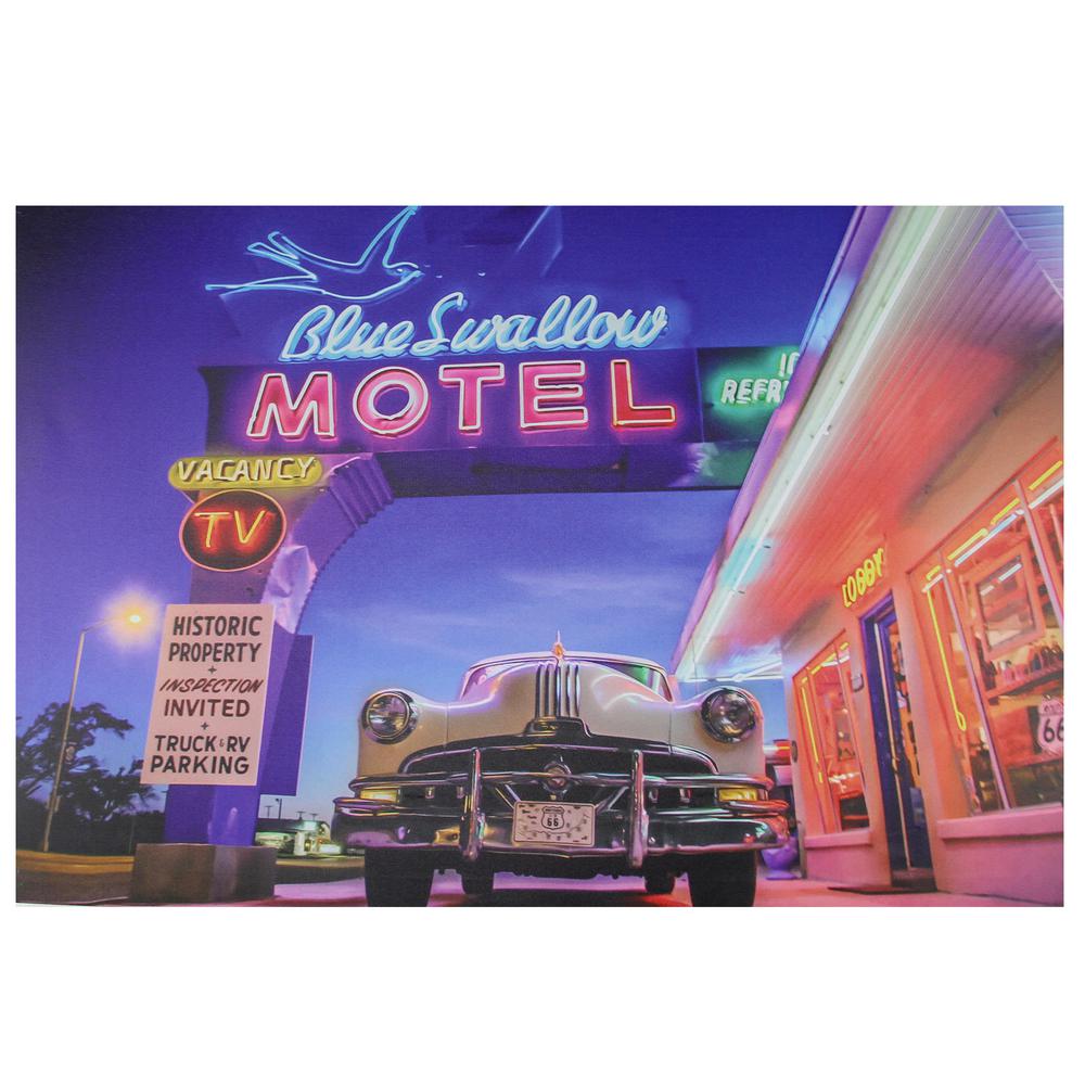 LED Lighted Famous Blue Swallow Motel with Classic Car Canvas Wall Art 15.75" x 23.75". Picture 1