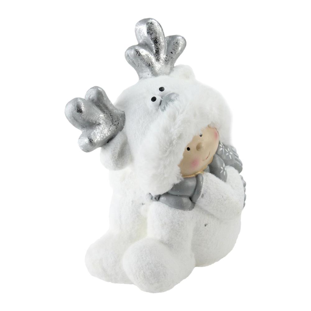 12.5" White and Gray Smiling Child with Reindeer Snow Suit Christmas Tabletop Decor. Picture 2