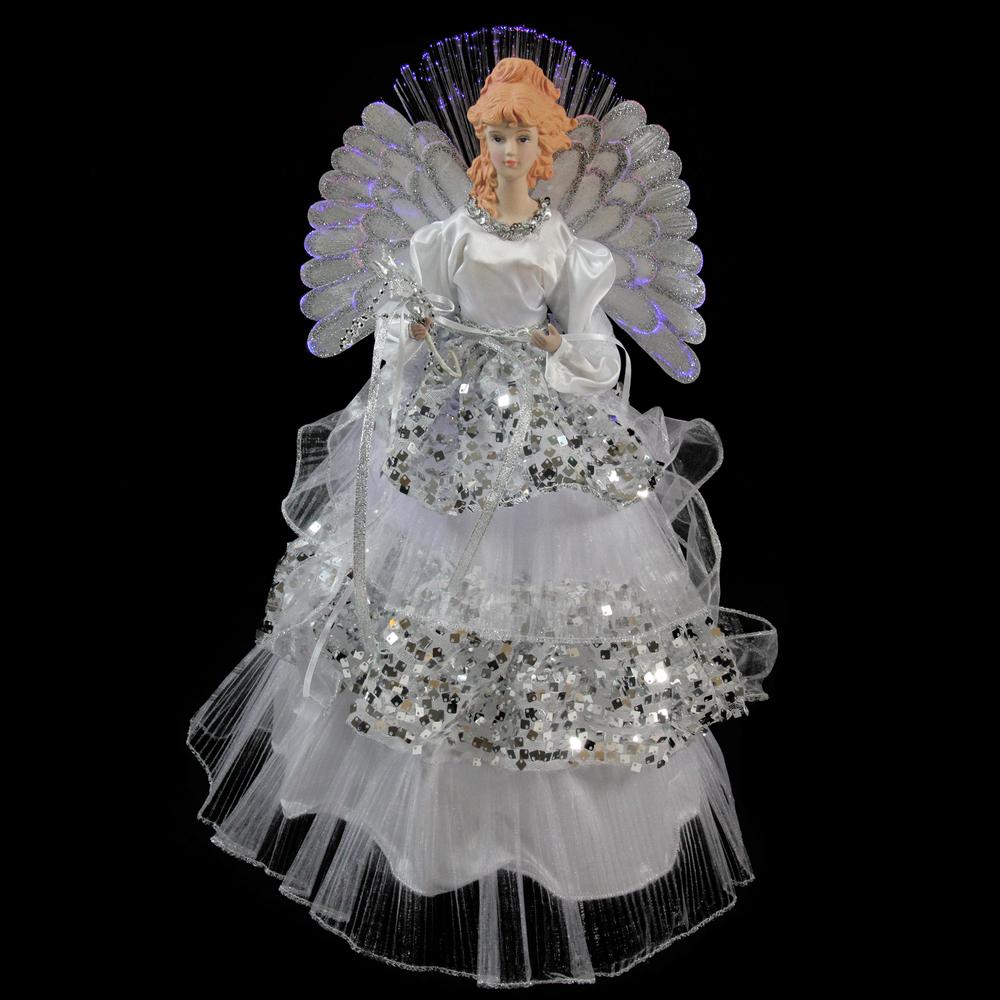 16" White and Silver Lighted Fiber Optic Angel Sequined Gown Christmas Tree Topper. Picture 2