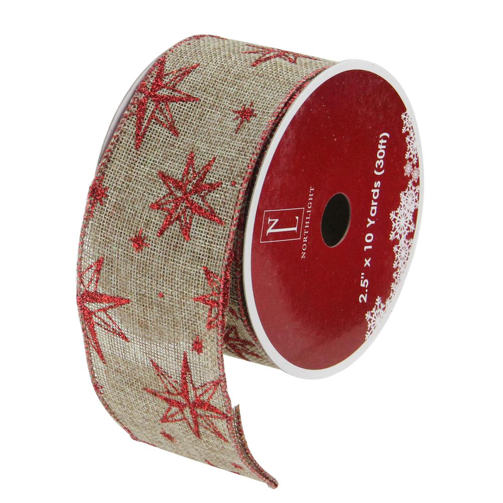 Pack of 12 Red and Beige Star Christmas Wired Craft Ribbons - 2.5" x 120 Yards. Picture 1