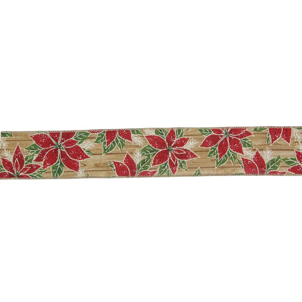 Red and Green Poinsettia Christmas Wired Craft Ribbon 2.5" x 16 Yards. Picture 1