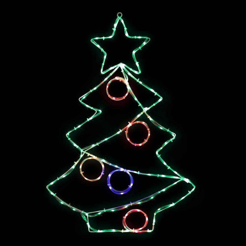 28" LED Lighted Christmas Tree with Ornaments Window Silhouette. Picture 1