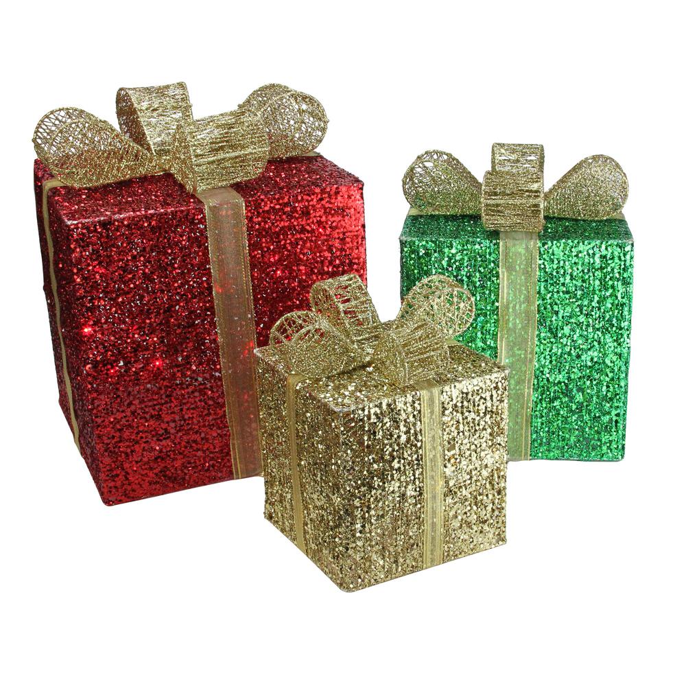 Set of 3 Red Pre-Lit Glittering Gift Boxes Christmas Outdoor Decor 15". Picture 2