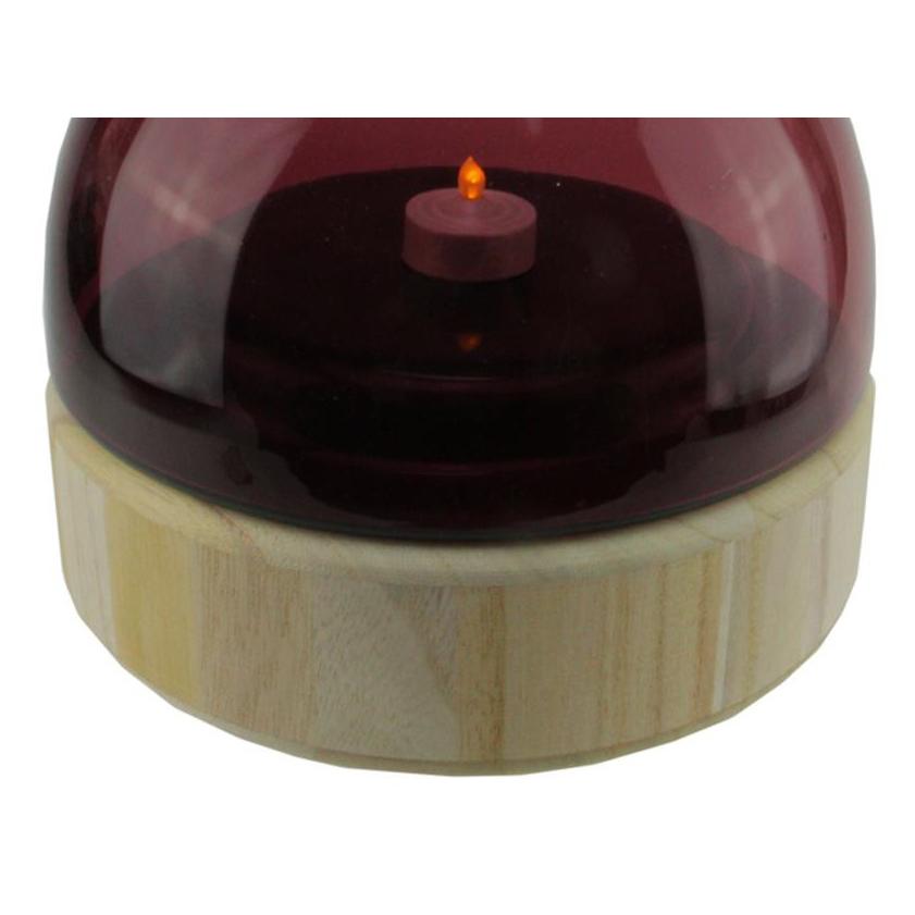 9.75" Merlot Colored Glass Pillar Candle Holder with Wooden Base. Picture 2
